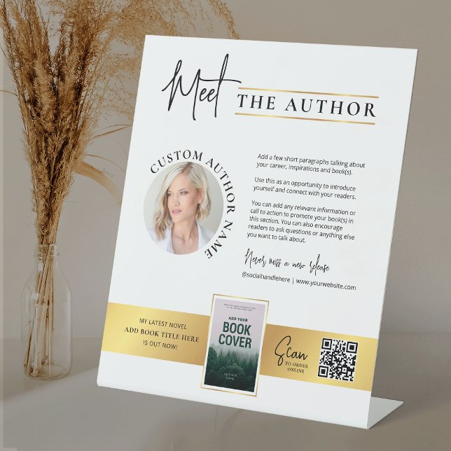 Signe De Table Rencontrez L'Auteur Photo Book Signer Faux Gold Si (Modern white and gold Meet The Author table top sign design with your custom photos and text)