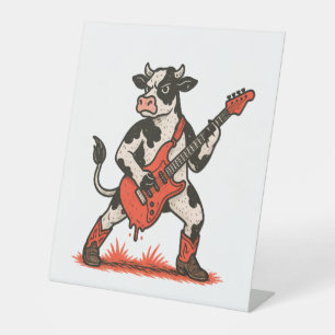 Signe De Table Rocker Cow, Vache Jouant de la guitare