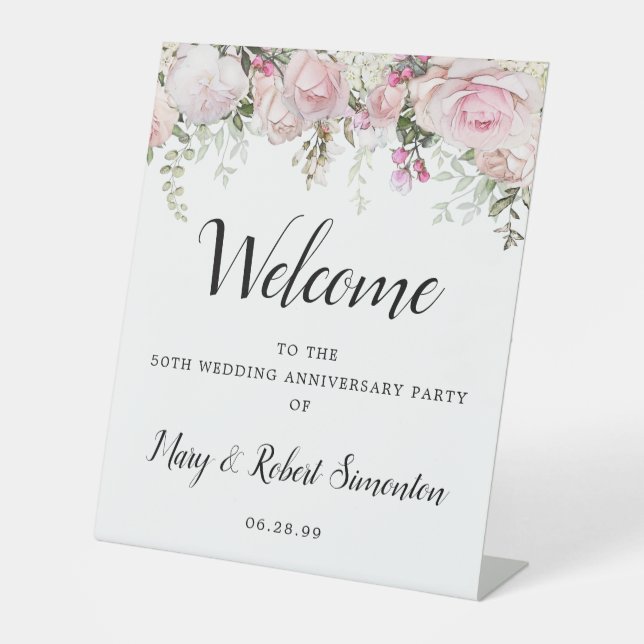 Signe De Table Rose Blanc Floral 50e anniversaire Mariage Bienven (Recto)