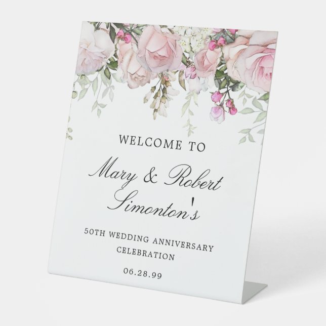 Signe De Table Rose Blanc Floral 50e anniversaire Mariage Bienven (Recto)