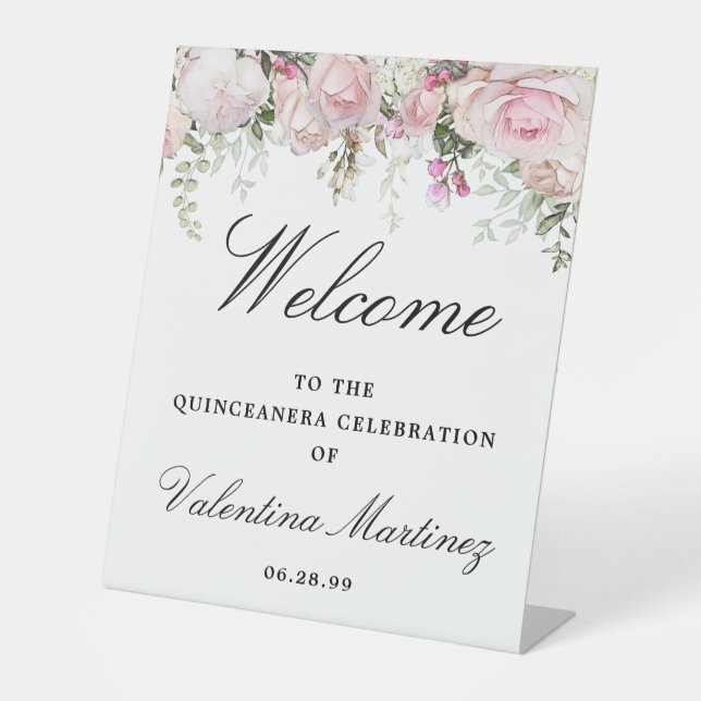 Signe De Table Rose blanche Florale Quinceanera Bienvenue (Recto)