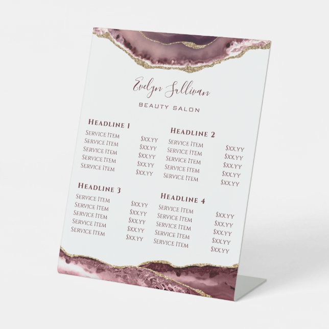 Signe De Table rose poussiéreux Agate Beauté Salon Tarifs (Recto)