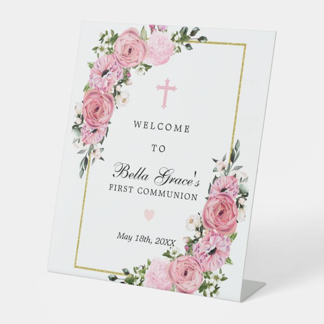 Signe De Table Rose Rose Floral Première communion Bienvenue (Recto)