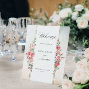 Signe De Table Roses roses romantiques et calligraphie Bienvenue
