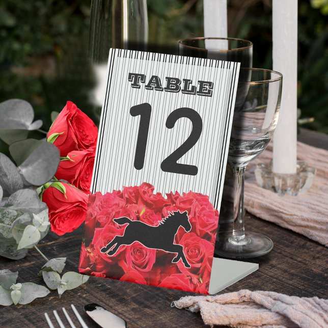 Signe De Table Roses rouges et Derby de chevaux de course Shower  (Plastic pedestal sign table number shown is 4" x 6" with 2" pedestal base.)
