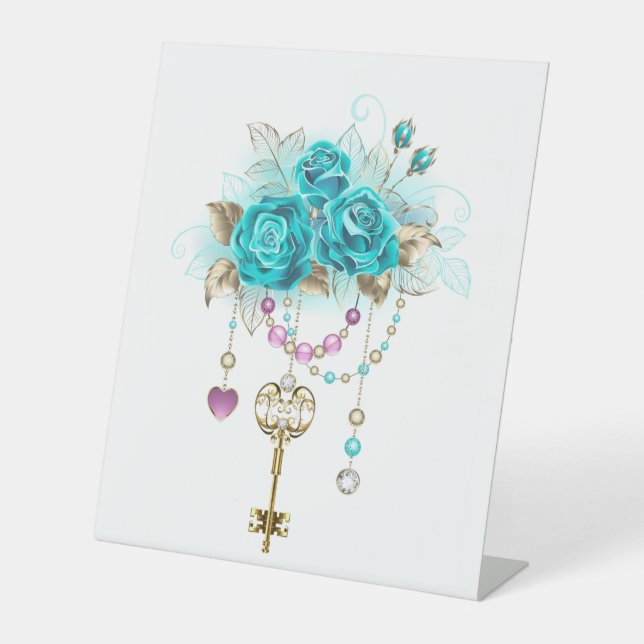Signe De Table Roses turquoise avec touches (Recto)