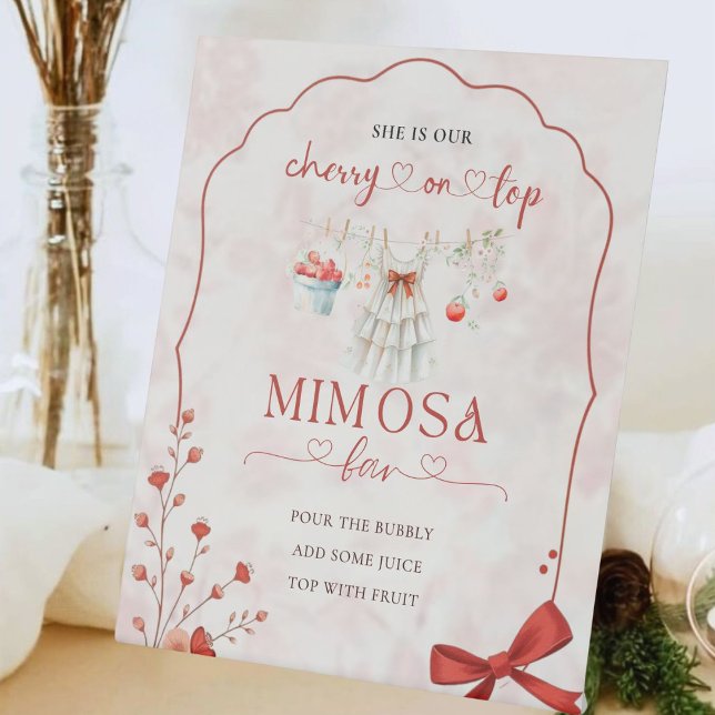 Signe De Table Rouge Bow Cherry Mimosa Bar | Élégant floral (Créateur téléchargé)
