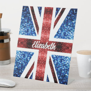 Signe De Table Royaume-Uni rouge bleu parties scintillant Nom per