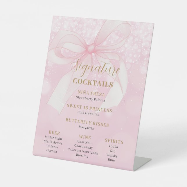 Signe De Table Ruban rose Bow Sweet 16 Signature Cocktails Menu (Recto)