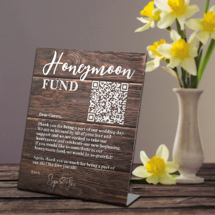 Signe De Table Rustic Brown Wood Elegant QR Code Honeymoon Fund