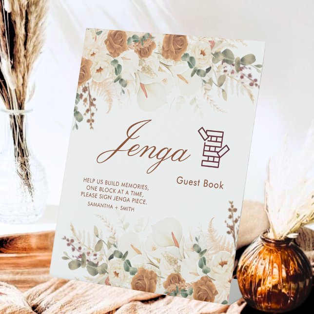 Signe De Table Rustic Terracotta Floral Jenga Guest Book Sign (Créateur téléchargé)