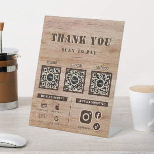 Signe De Table Rustic Wood Grain Scan pour payer 3 QR Code Merci