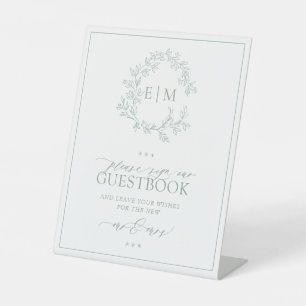 Signe De Table Sage Green Crest Monogram Mariage Livre d'or