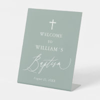 Sage Green Croix blanche Boy Baptism Affiche de bi