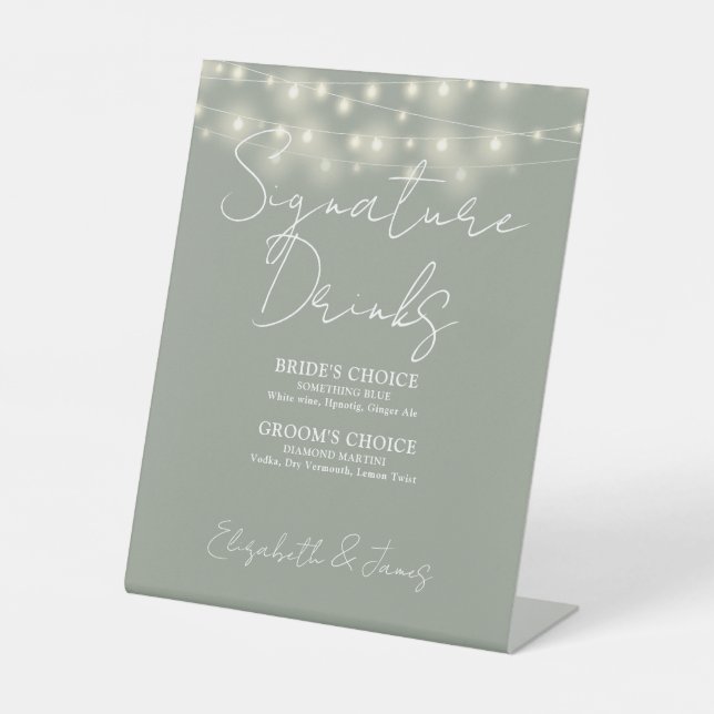 Signe De Table Sage Green Élégante Chaîne Lumières Signature Bois (Recto)