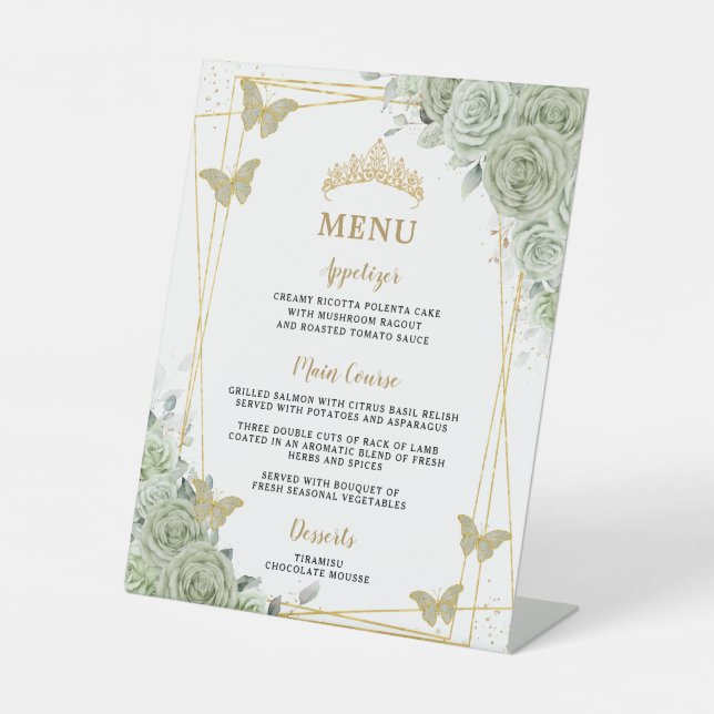 Signe De Table Sage Green Floral Gold Quinceanera Sweet 16 Menu (Recto)