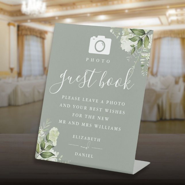 Signe De Table Sage Green Greenery Photo Mariage du livre d'or (Sage Green Greenery Photo Guest Book Wedding Pedestal Sign)