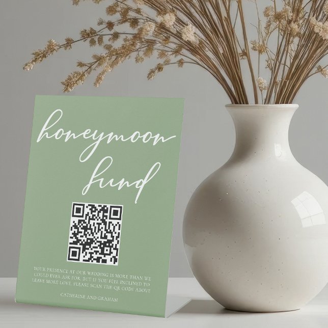 Signe De Table Sage Green White Script Honeymoon Fund QR Code (Créateur téléchargé)
