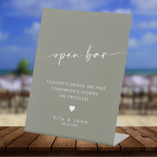 Signe De Table Sage moderne vert Script Open Bar Mariage Sign (Créateur téléchargé)