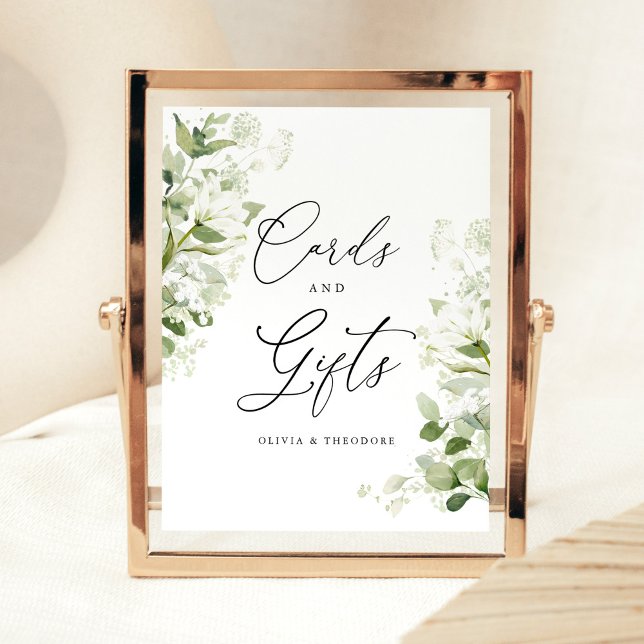 Signe De Table Sage Organic Greenery Cards & Gifts Wedding Table (Sage green cards and gifts wedding sign with organic greenery watercolor botanical florals displayed)