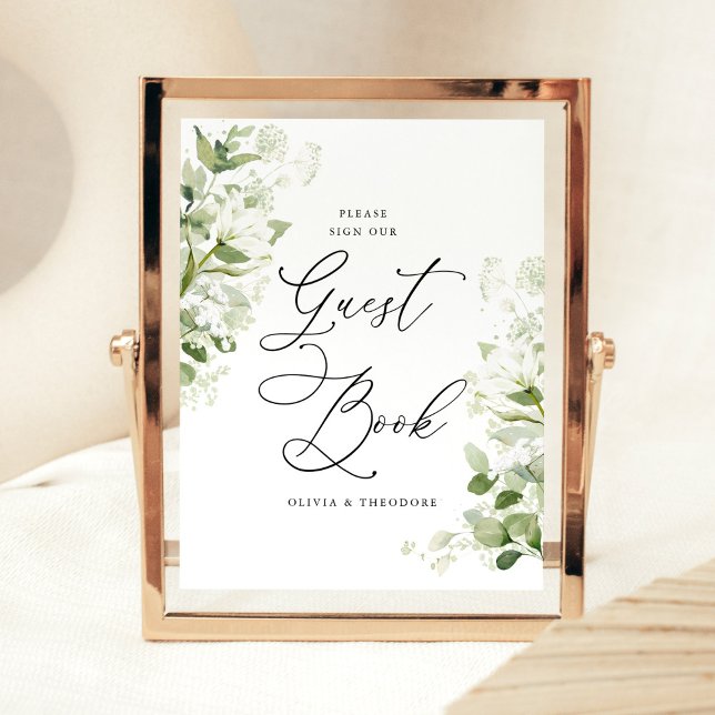 Signe De Table Sage Organic Greenery Guest Book Wedding Table (Sage green guest book wedding sign with organic greenery watercolor botanical florals displayed)