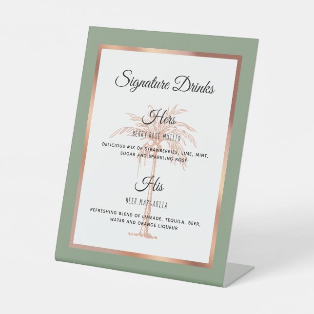 Signe De Table Sage Rose Gold Palm Tree Mariage Signature Boisson (Recto)