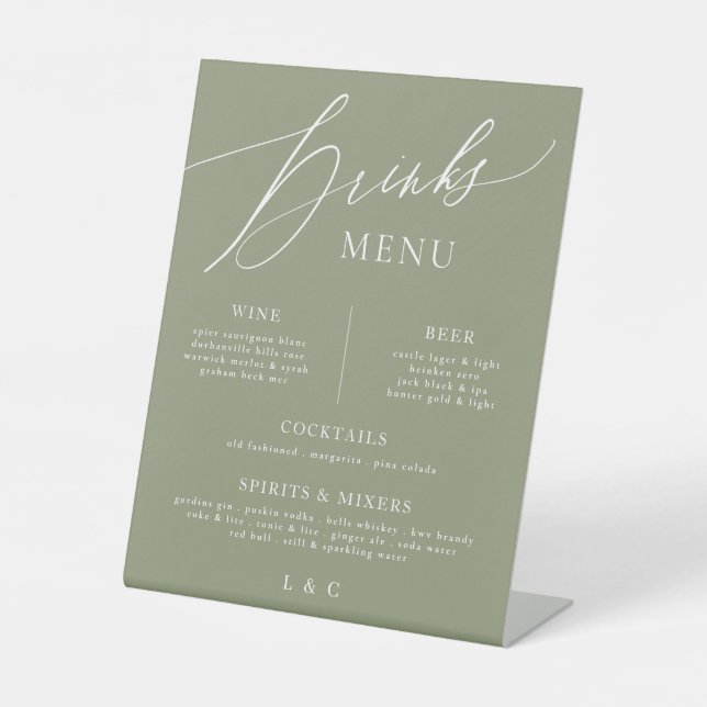 Signe De Table Sage White Calligraphy Mariage Bar Drink Menu (Recto)