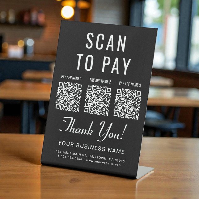 Signe De Table Scan to Pay 3 QR Codes Black Tabletop (Scan to Pay 3 QR Codes Black Tabletop Pedestal Sign)