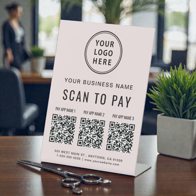Signe De Table Scan to Pay 3 QR Codes Business Logo Pink (Scan to Pay 3 QR Codes Business Logo Pink Pedestal Sign)