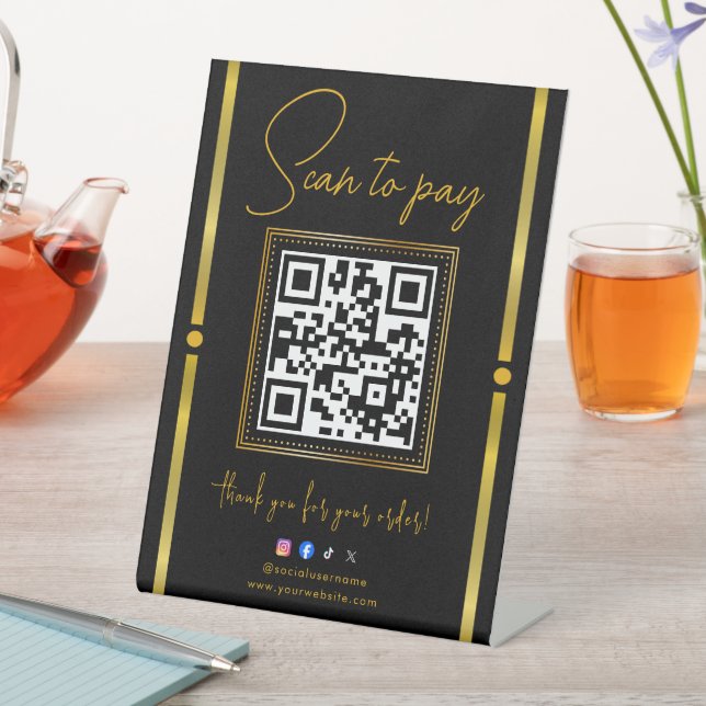 Signe De Table Scan to Pay Black & Gold Logo Payment QR Codes (In SItu)