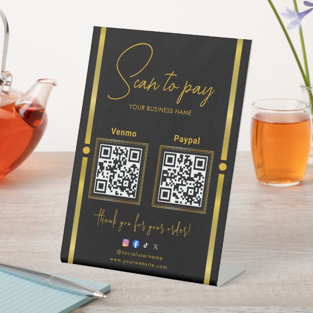 Signe De Table Scan to Pay Black & Gold Logo Payment QR Codes (In SItu)