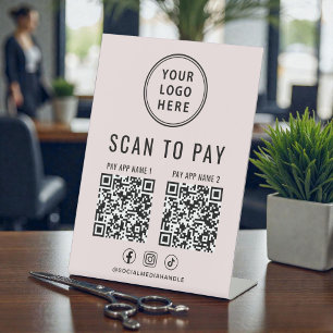 Signe De Table Scanner pour payer 2 codes QR Logo Entreprise Rose