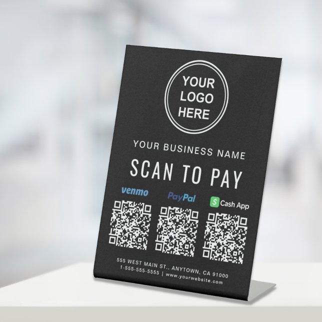 Signe De Table Scanner pour payer les codes QR de Venmo Paypal Ca (A QR code sign to effortlessly connect your customers to your payment platforms)