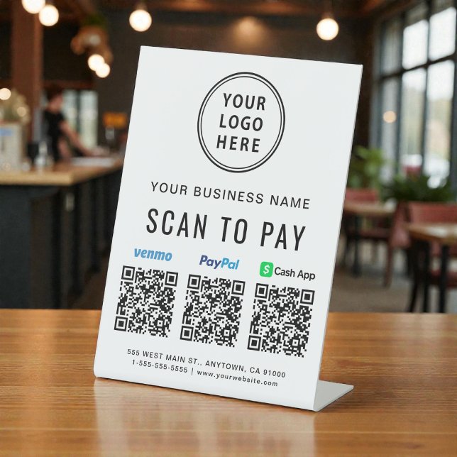 Signe De Table Scanner pour payer les codes QR Logo Paypal Venmo  (Scan to Pay Paypal Venmo CashApp QR Codes Logo Pedestal Sign)