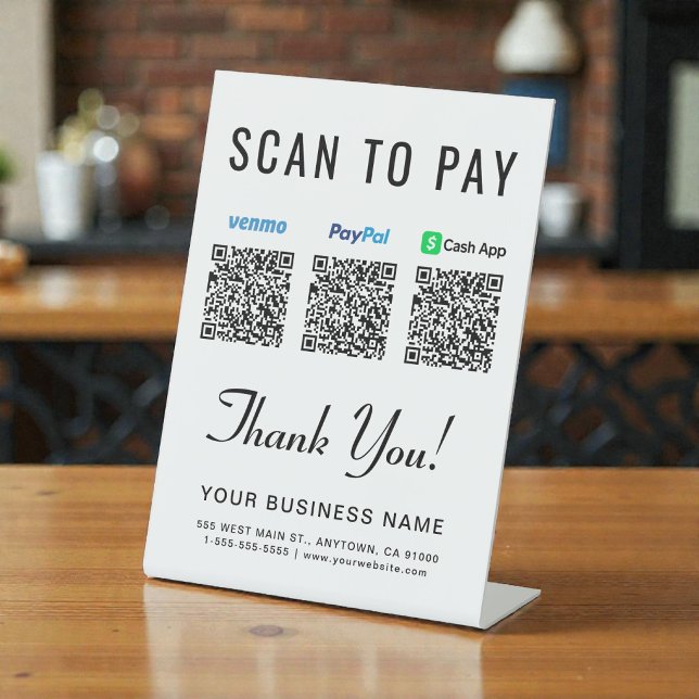 Signe De Table Scanner pour payer les codes QR Paypal Venmo CashA (Scan to Pay Paypal Venmo CashApp QR Codes Pedestal Sign)