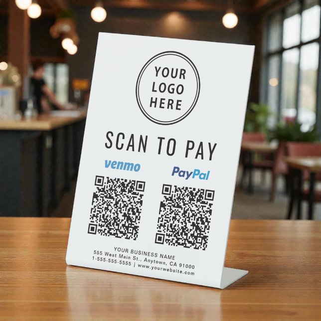 Signe De Table Scanner pour payer Venmo Paypal Codes QR Logo (Scan to Pay Venmo Paypal QR Codes Logo Pedestal Sign)