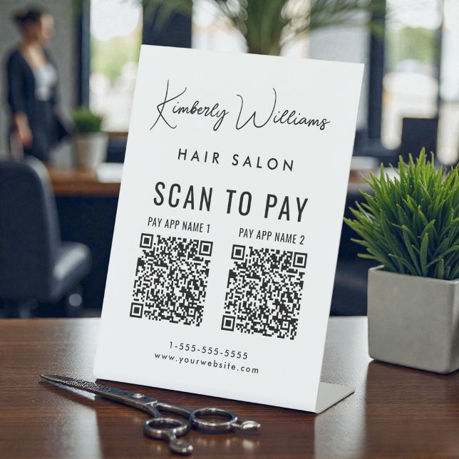Signe De Table Scannez pour payer 2 codes QR Script de signature  (Scan to Pay 2 QR Codes Business Signature Script Pedestal Sign)