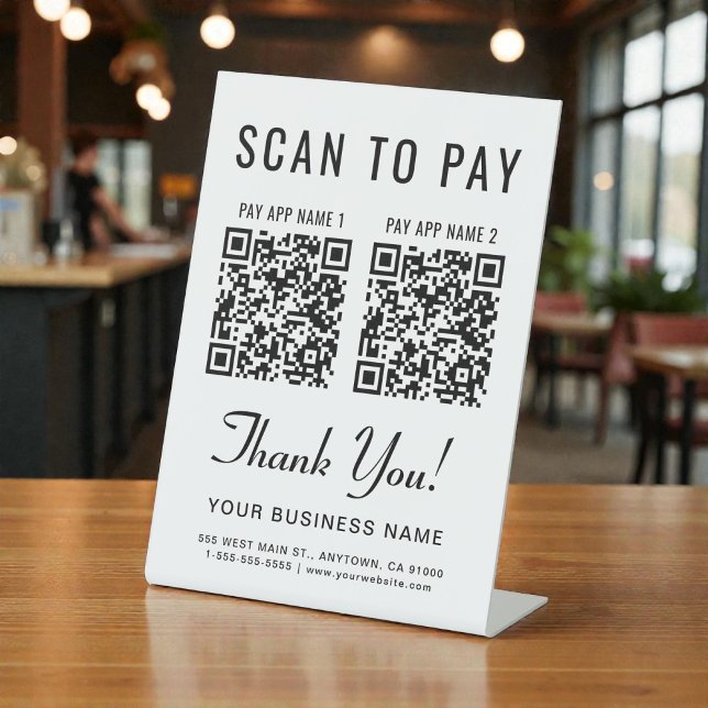 Signe De Table Scannez pour payer 2 codes QR sur un présentoir de (Scan to Pay 2 QR Codes Tabletop Pedestal Sign)