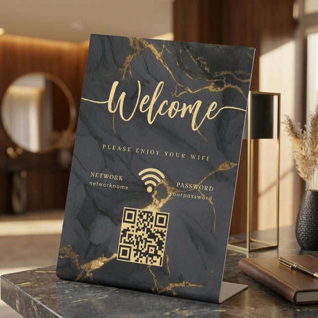 Signe De Table Script d'accueil élégant WIFI Marbre noir Agate (legant Welcome Script WIFI Agate Black Marble Pedestal Sign)