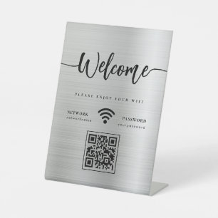 Signe De Table Script d'accueil moderne WIFI QR Code Silver Metal