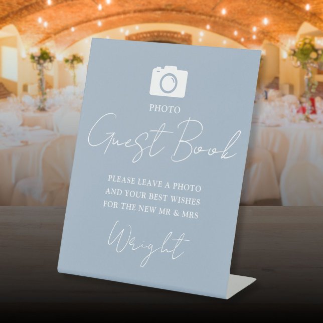 Signe De Table Script de livre d'or photo mariage bleu poussiéreu (Photo Guest Book Script Dusty Blue Wedding Pedestal Sign)