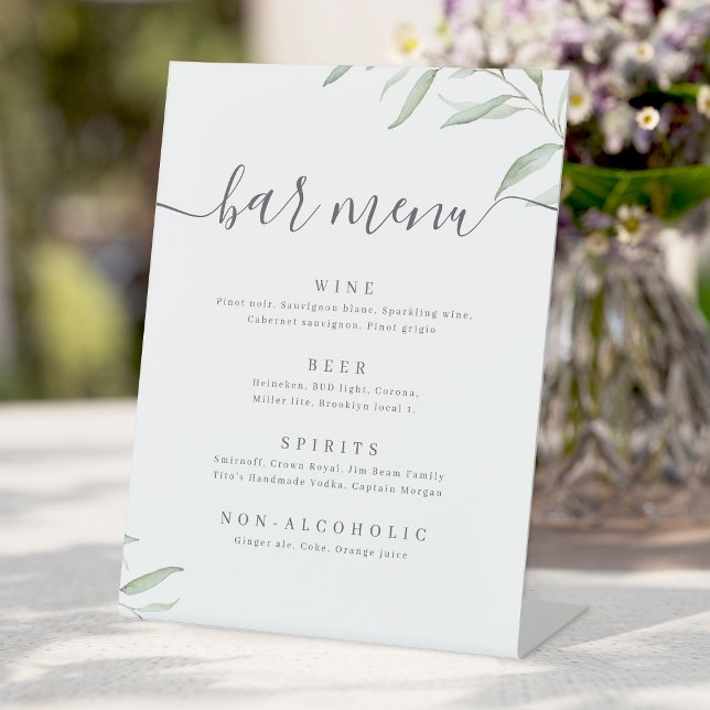 Signe De Table Script de verdure minimal barre rustique Menu (Minimal greenery script rustic Bar Menu Pedestal Sign)