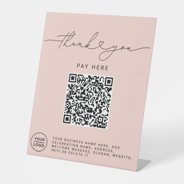 Signe De Table Script Merci Cœur Analysez Moi Code QR Logo Rose (Recto)