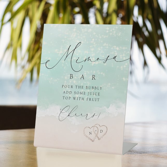 Signe De Table Script moderne Fête des mariées Coeurs de sable Mi (Modern Script Sand Hearts Bridal Shower Mimosa Bar Pedestal Sign)