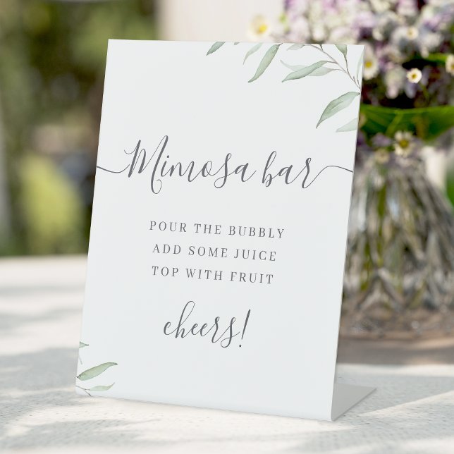 Signe De Table Script vert minimal rustique Mimosa Bar (Minimal greenery script rustic Mimosa Bar Pedestal Sign)