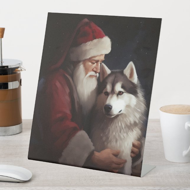 Signe De Table Sibérien Husky avec Noël Festif du Père Noël (In SItu)