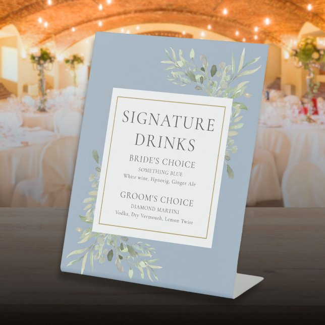 Signe De Table Signature Boissons Aquarelle Verdure Dusty Blue (Signature Drinks Watercolor Greenery Dusty Blue Pedestal Sign)