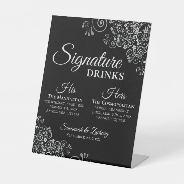 Signe De Table Signature Boissons Elégant Argent & Mariage noir (Recto)