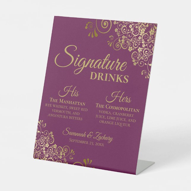 Signe De Table Signature Boissons Élégante Magenta & Mariage Or (Recto)