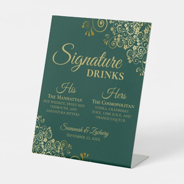 Signe De Table Signature Boissons Emerald Green & Gold Mariage Ba (Recto)